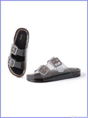 Women's Jelly Flat Sandals Double Buckle Adjustable Slip-On Slides